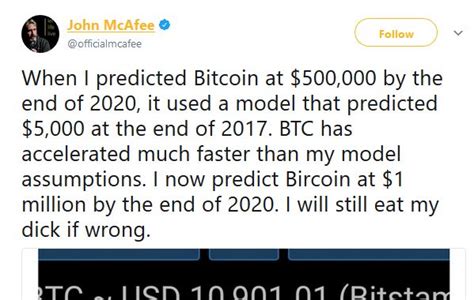 This man is famous for his extraordinary bitcoin price forecast made on 29 november 2017: TECH: John McAfee to launch own 'Freedom' cryptocurrency (Coindesk) - Rude Planet - rudepla.net