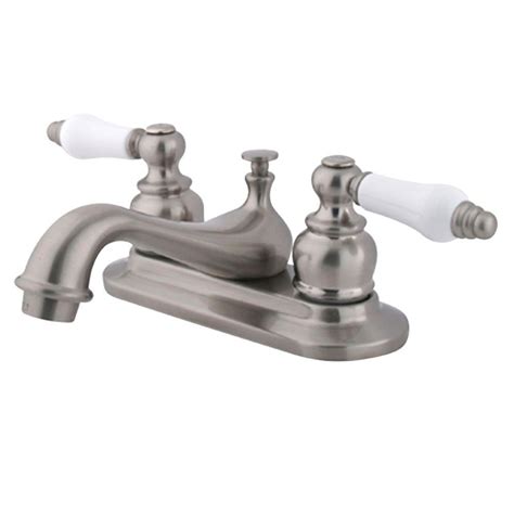 Temperatures can be adjusted by controlling the volume of water flowing through each water line with the handles. Kingston Brass Porcelain 4 in. Centerset 2-Handle Low-Arc ...