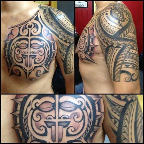 These stunning tattoo enhancements were accomplished by attaching sculpted metal forms to the skin via body piercings. Tribal Maori Tattoo of Armour on Pectoral, Shoulder ...