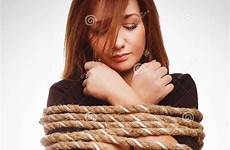 captive woman bound rope hostage jeans brunette stock isolated prisoner gray background dreamstime preview royalty