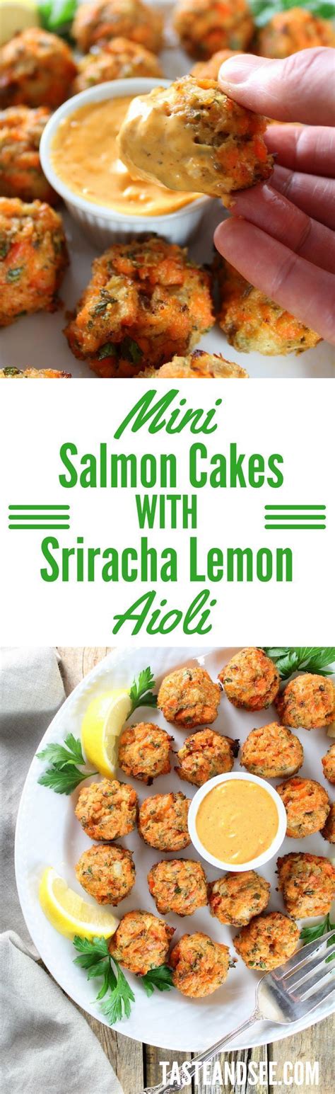 These low carb, whole30 salmon cakes are moist and flavorful with hidden zucchini, and only take 15 minutes to make! Mini Salmon Cakes with Sriracha Lemon Aioli - the perfect appetizer for holiday entertaining ...