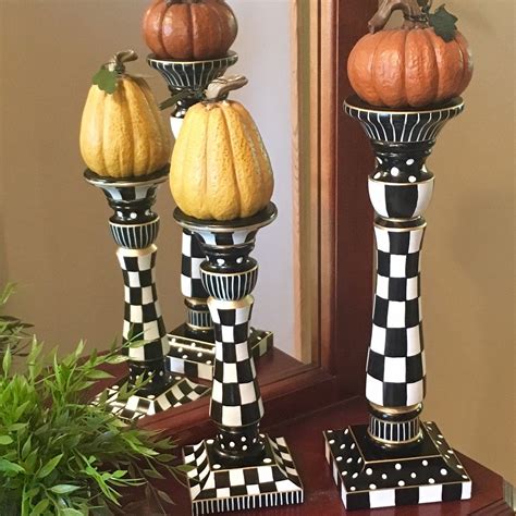 Spring, summer, autumn, christmas.this candlestick trio is hand painted in a whimsical black and white checked design. Whimsical painted candle holder set (With images ...