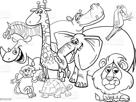Three beautiful elephants in savanna. Cartoon Safari Animals Coloring Page Stock Illustration ...