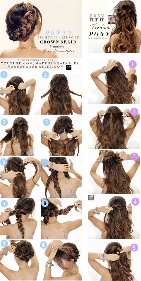 Part your hair down the middle, work moisturizer in, then gather the two sections into high ponytails, wrapping each one around into a bun for an adorable style that's 10. easy hairstyles steps - braided updo half-up half-down ...