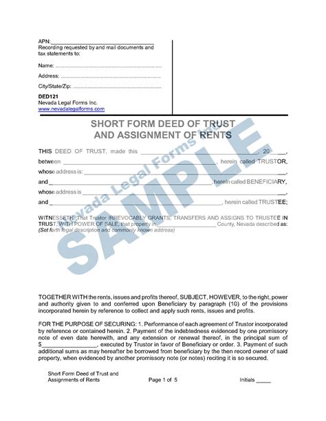 Whereas, the assignor has offered to assign all his rights, title and interest over the above unit, as referred in said contract to sell and the assignee hereby accepts the assignment in accordance. SHORT FORM DEED OF TRUST AND ASSIGNMENT OF RENTS | Nevada ...