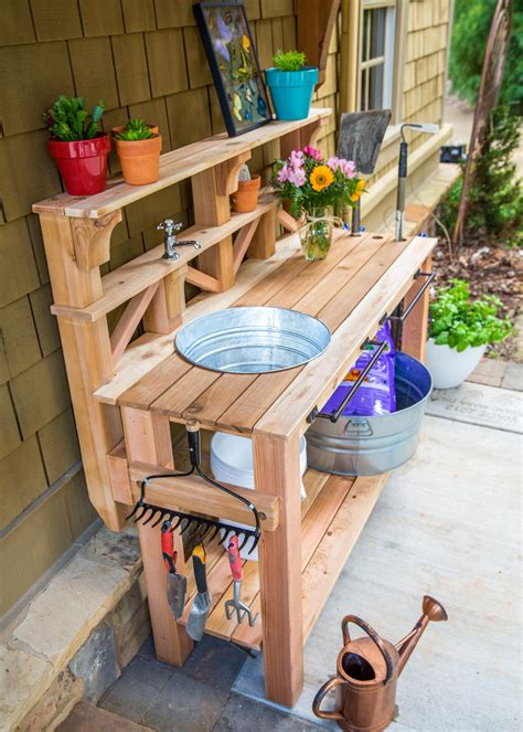 Once you've assembled the bench, you can attach salvaged or inexpensive hardware along the countertop edge. How to Make a Gardener's Potting Bench | how-tos | DIY