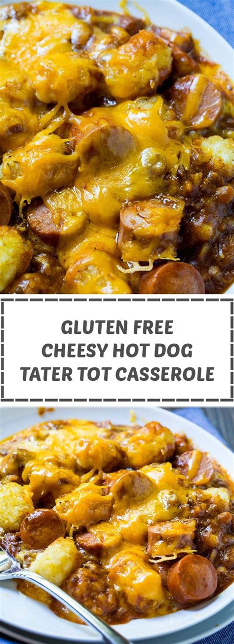 The hot dogs are rolled into a potato batter made from crushed tater tots, flour and eggs. Gluten Free Cheesy Hot Dog Tater Tot Casserole #glutenfree ...
