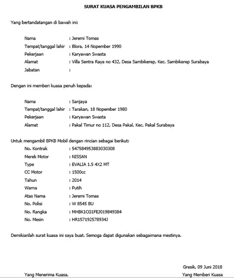 Yang bertanda tangan dibawah ini dengan ini saya yang tersebut diatas memberikan kuasa untuk mengambil bpkb sepeda motor yang sudah lunas belajaroffice.com media belajar bersama tutorial ms office lengkap meliputi : Contoh Surat Kuasa Pengambilan BPKB Mobil dan Motor Yang ...