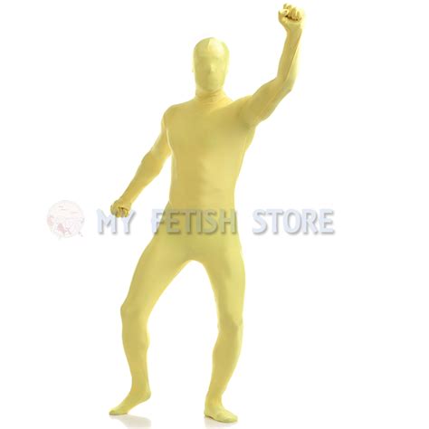 This full zentai can be made from any of our spandex fabrics, and comes standard with the back entry and hood zipper, fingered gloves and sock feet. Full Body yellow Lycra Spandex Bodysuit Solid Color Zentai ...
