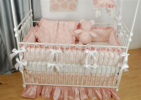 Pink, traditionally a girl's color is certainly worth considering for your own little pink and black crib bedding is all the rage now, with pink appearing in everything from toothbrushes to kitchen appliances. Pink Floral and Silk crib bedding with white bows on a ...