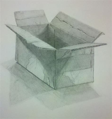 Whilst your bug paintings are drying, begin to decorate your cardboard shoe box lid or tray using decorative patterned papers and glue. Shading, Cardboard box drawing. Graphite. Drawn by John ...