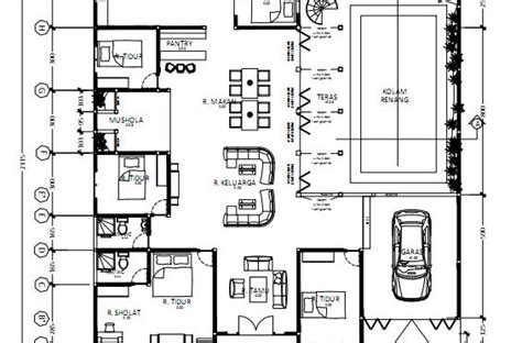 Desain dan denah rumah mewah 1 lantai dengan kolam renang. Gambar Kerja Rumah Sederhana