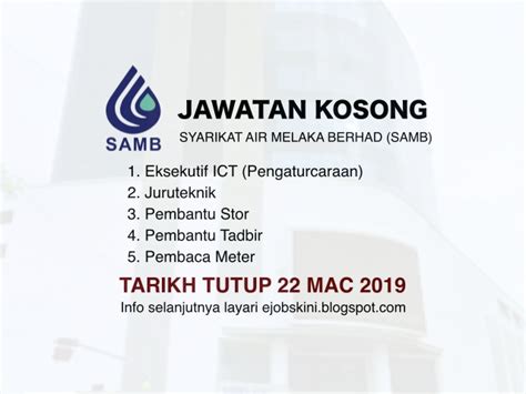 Jawatan kosong jabatan perpaduan negara da… warganegara malaysia yang berminat dan memenuhi kriteria yang telah ditetapkan dijemput untuk memohon jawatan kosong di suruhanjaya perkhidmatan awam malaysia (spa) sebagai : Jawatan Kosong Syarikat Air Melaka Berhad (SAMB) - Tarikh ...