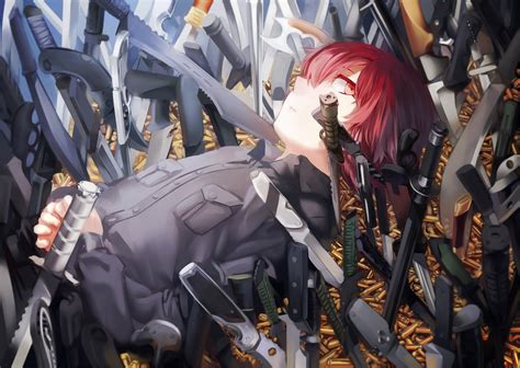 Wears red lipstick, has red hair, red eyes, and wears red. all male knife male original red eyes red hair rff (3 percent) short hair weapon | konachan.com ...