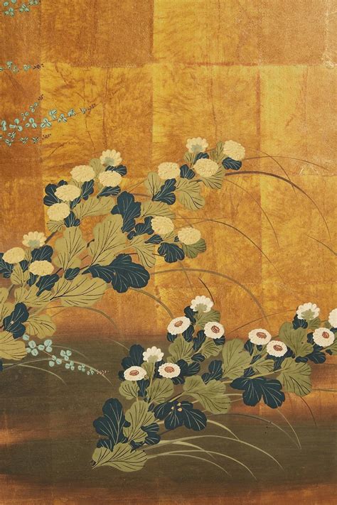 Painted with ink and color pigments over gilt squares in the nihonga school. Japanese Four Panel Floral Gold Leaf Byobu Screen at 1stdibs