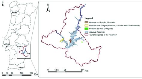 Listen omfatter alle innsjøer og kunstige sjøer som er større enn 100 km². Location of the Alqueva reservoir and the experimental ...