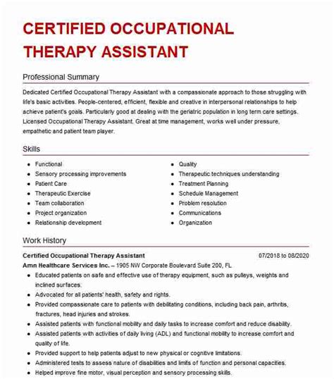 Thank you for helping us to protect your health. Certified Occupational Therapy Assistant (COTA) Resume ...