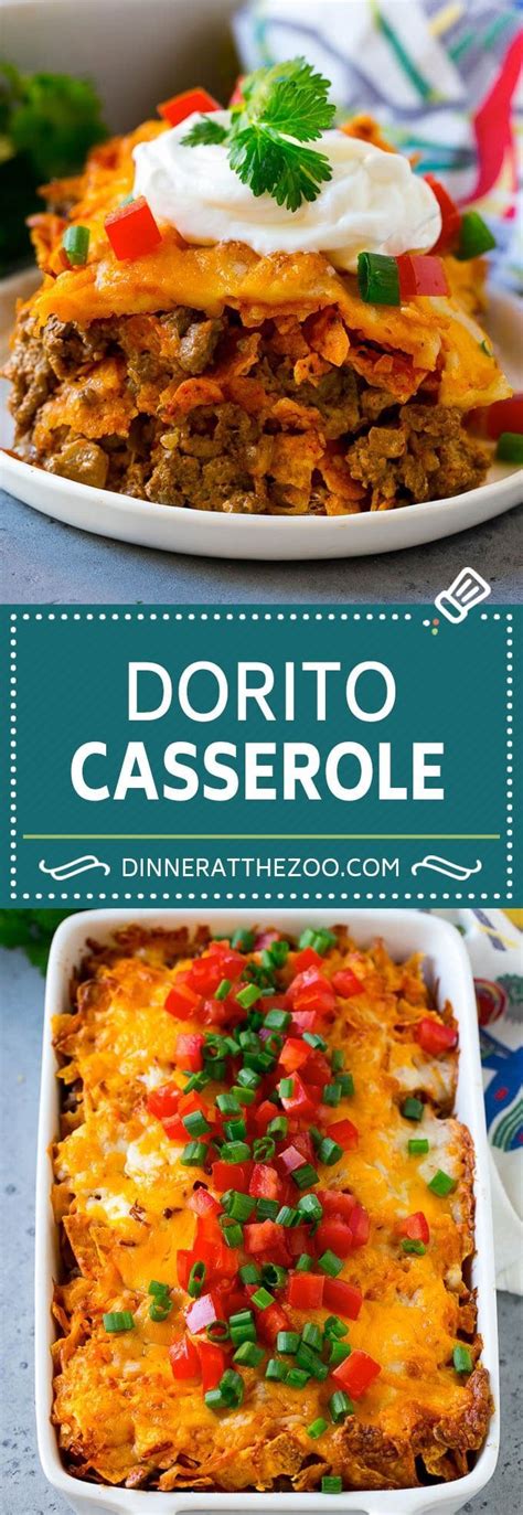 In a greased 2 qt baking dish, put a layer of crushed doritos (about 2 cups), then a layer of the chicken mixture. Dorito Casserole Recipe | Mexican Casserole | Beef ...