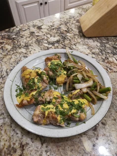 Top with the crushed fried onions and bake. Chicken Thighs with Curry Mustard Mayo, Asparagus and ...