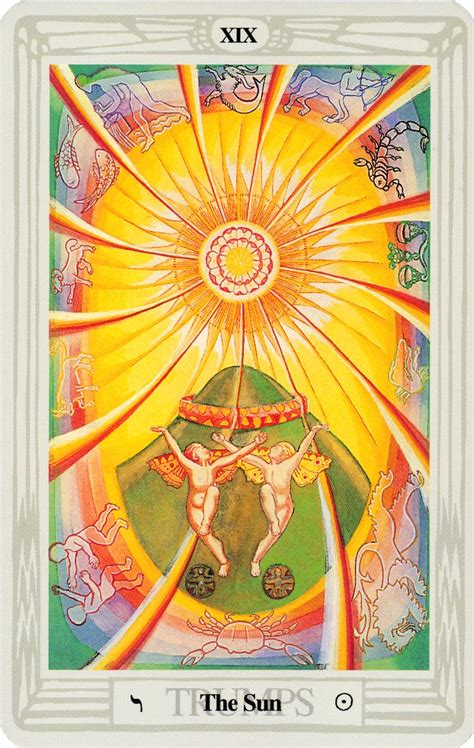 Joy, happiness, celebration, family, forthcoming news of success or positive outcomes. The Thoth Deck by Aleister Crowley (With images) | The sun tarot, The sun tarot card, Tarot card ...