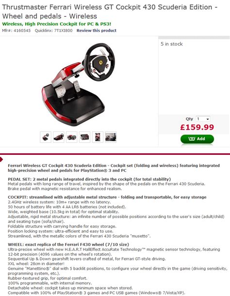 This market is very slow and deals mainly focuses on casual drivers and children who do not have too many demands and the most important is their price or. ebook野郎: Thrustmaster Ferrari Wireless GT Cockpit 430 Scuderia Edition - Wheel and pedals - Wireless
