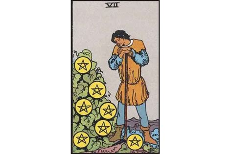 He rests his head on his gardening equipment, peering out on the results of the work he's put in so far. Seven of Pentacles Tarot Card Meaning - Tarot Prophet ...