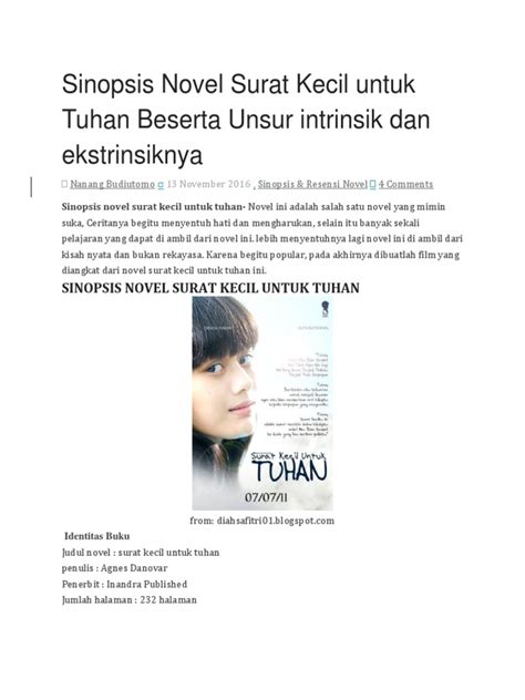 Kali ini kita akan membahas semua yang berhubungan dengan novel surat kecil untuk tuhan. Sinopsis Novel Surat Kecil Untuk Tuhan Beserta Unsur ...