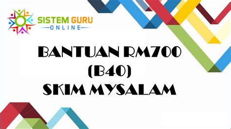 Menteri kewangan, lim guan eng berkata, skim berkenaan juga akan memberikan perlindungan insurans dan takaful kesihatan percuma kepada golongan berpendapatan. TUNTUT BANTUAN RM700 (B40) SKIM MYSALAM SEKARANG