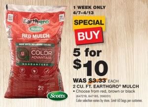 It's available in brown, black or red. Home Depot: Scott's EarthGro mulch $2 a bag (4/7-4/13 ...