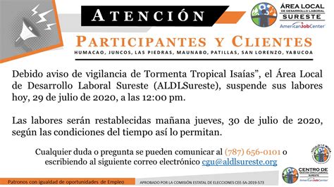 El centro nacional de huracanes (cnh) de estados unidos informó, que la tormenta tropical dorian, está localizada a 95 kilómetro de santa lucía y a 665 kilómetro de puerto rico, con vientos máximos sostenidos de 85 km/h con ráfagas más altas. Aviso Cierre Tormenta Tropical - Area Local de Desarrollo ...