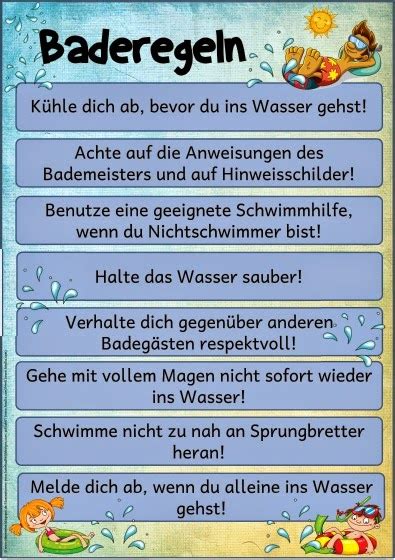 Baderegeln sind verhaltensgrundsätze, die wasserrettungsorganisationen badenden zu ihrer eigenen sicherheit und derer dritter vorgeben. Ideenreise: Plakat "Baderegeln"