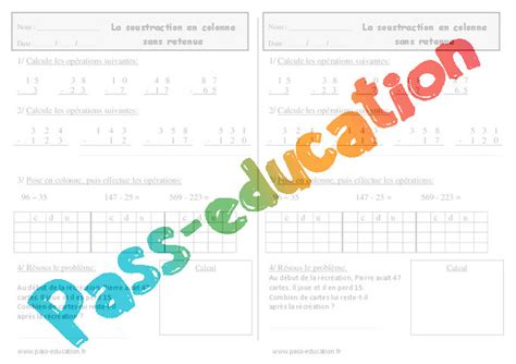 La soustraction sans retenue programmes de cp. Soustraction en colonne sans retenue - Ce1 - Exercices - Calcul