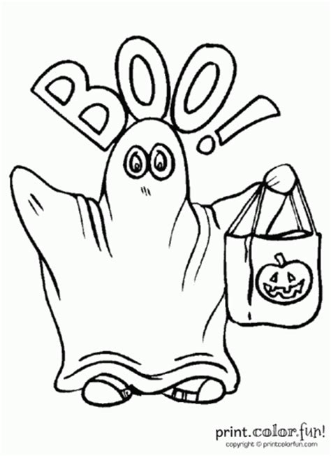 Cute halloween kitten with candy coloring printable. Ghost with a candy bag coloring page - Print. Color. Fun!