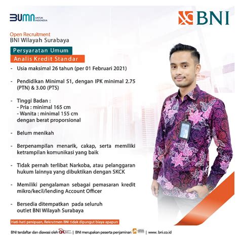 Update lowongan kerja terbaru untuk menjadikan situs ini rujukan nomer satu para pencari kerja di indonesia dan membantu para jobseeker atau pencari kerja menemukan pekerjaan impian mereka. Lowongan Kerja Pegawai Bank Negara Indonesia Tingkat D3 S1 ...