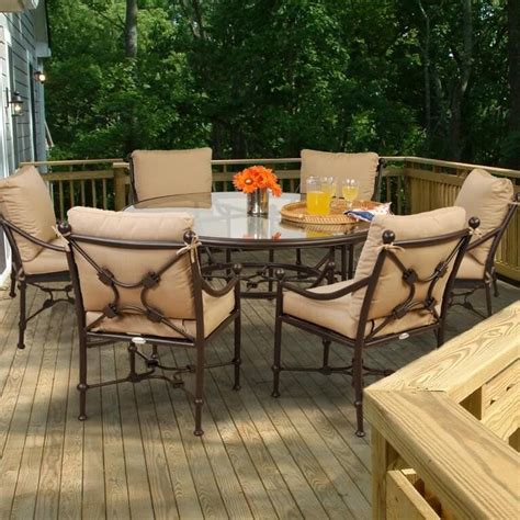 Abandon the traditional tempered glass tabletop, this patio dining table top is made up of three acacia boards, which is a highly durable tropical hardwood. Caluco Origin 6-Person Cast Aluminum Patio Dining Set With ...