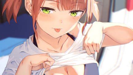 He's doing an eye pull taunt, where someone pulls down their bottom eyelid and sticks their tongue out. original characters, cleavage, green eyes, tongue out, Kinta, lifting shirt, anime girls, anime ...