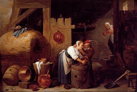 Find images of old man. Interior scene with a young woman scrubbing pots while an ...