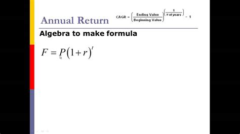 The return on investment formula is used in finance by corporations in any form of investment like assets, projects, etc. Annual Rate of Return - YouTube