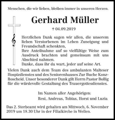 Finden sie hier traueranzeigen, todesanzeigen und beileidsbekundungen aus ihrer tageszeitung todesanzeigen der letzen 14 tage. Traueranzeigen von Gerhard Müller | Volksfreund.Trauer.de