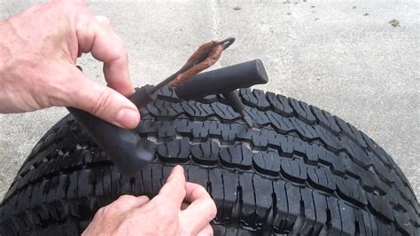 Loosen the lug nuts with a lug wrench (tire iron) or impact wrench. Fix a Leaking Tire with Nail Stuck Inside slow leak hole ...