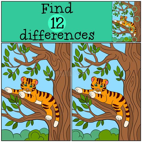 Children Games: Find Differences. Little Cute Baby Tiger Lays In The ...