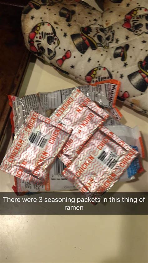 Nissin ramen packaging, while er, iconic. 3 seasoning packets in one ramen package : funny