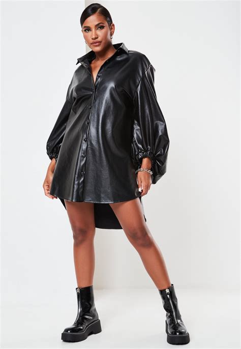 Black Faux Leather Oversized Puff Sleeve Shirt Dress | Missguided