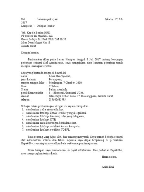 Sendiri in words of kerja sendiri, doesn't mean that you work alone, but you do the work by your own effort. Contoh Surat Lamaran Kerja Atas Inisiatif Sendiri Dalam ...