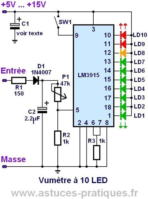 Vu meter using a lm3915 circuit diagram. led lm3915 Voltmetre | Electronics components, Hobby electronics, Diy electronics