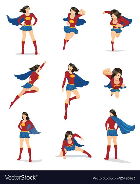 Businesswoman in action poses female superhero vector image. Set female superhero in 9 different poses Vector Image