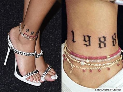 Rihanna's latest tattoo is a camouflage print shark on her left ankle. Rihanna "1988" Birth Year Ankle Tattoo | Steal Her Style