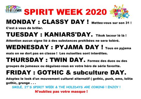 Spirit Week, le programme – Collège Emilien Adam de Villiers