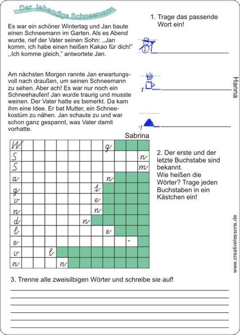 Bildergeschichte klasse 4 mit musterlösung : Der lebendige Schneemann