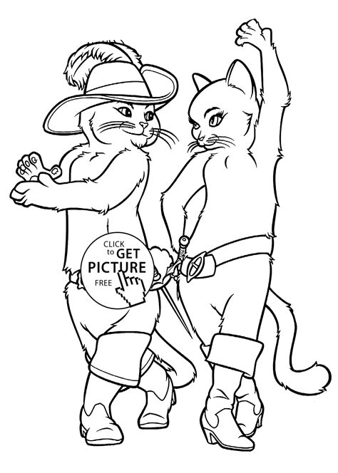 A beautiful coloring page of puss in boots wearing his hat, cape and sword! Puss in boots and Kitty coloring pages for kids, printable ...